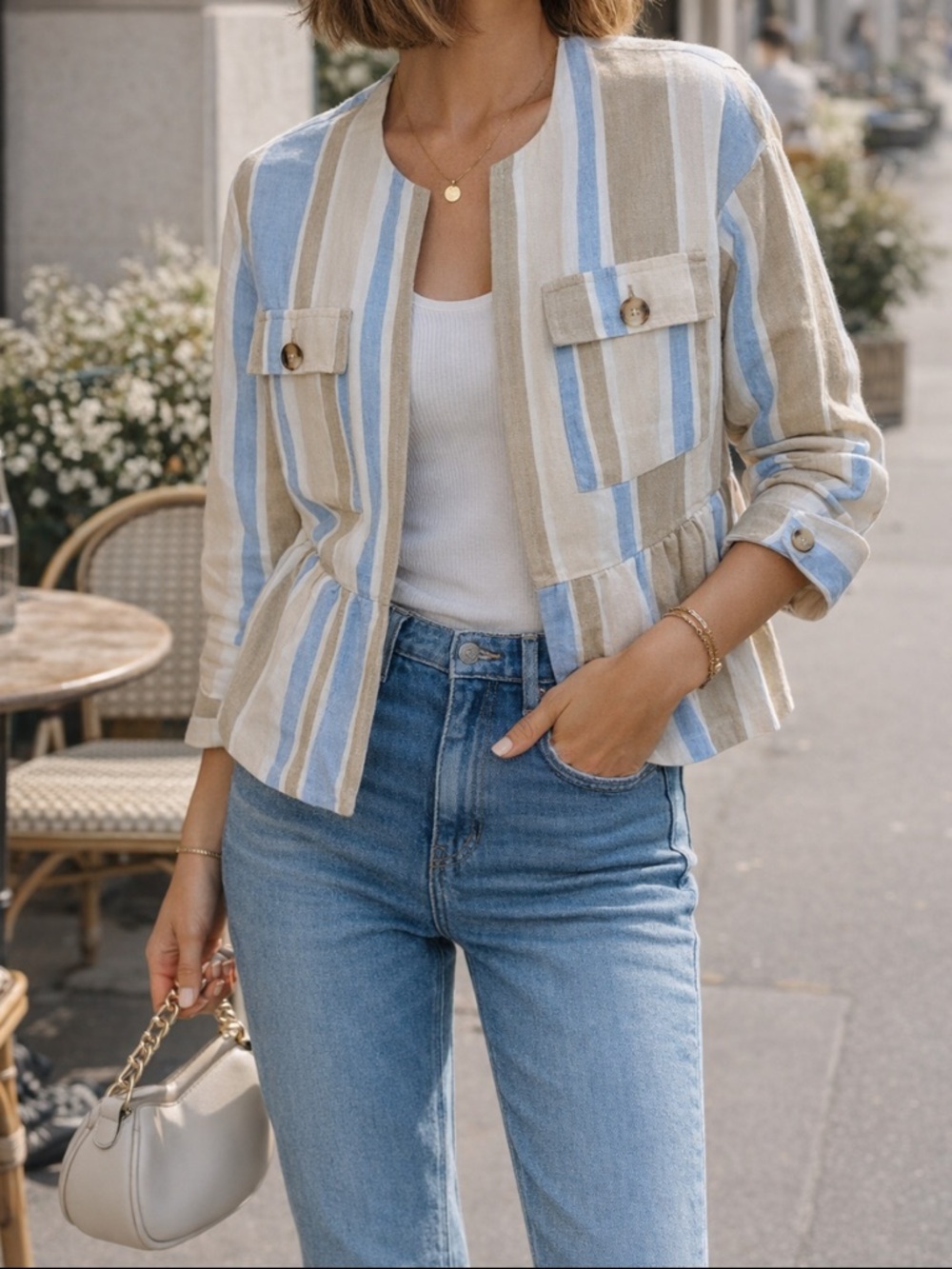 ZARA Striped Blue Cream White Linen Blend Open Front Blazer Jacket Top